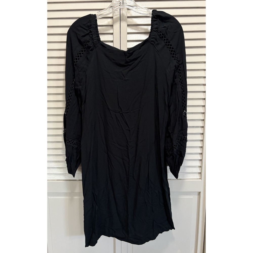 Who What Wear Mid Length Black Dress Square Neck Size L Long Sleeve Crochet NWT